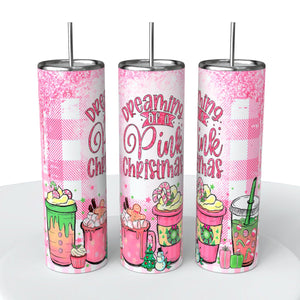 Pink Christmas Skinny Steel Tumbler with Straw